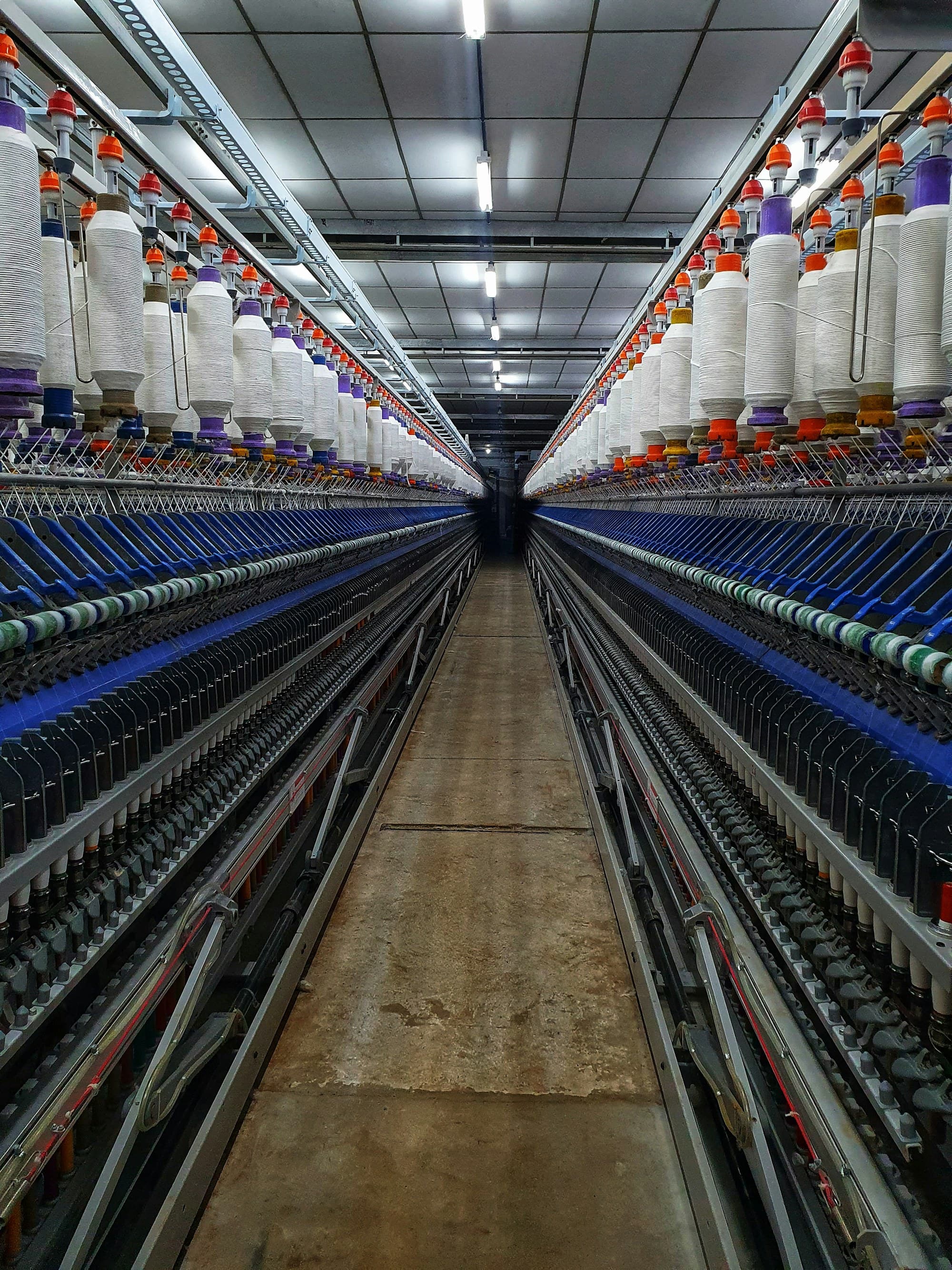 Rows of yarn packages receding down a ring spinning frame in a mill