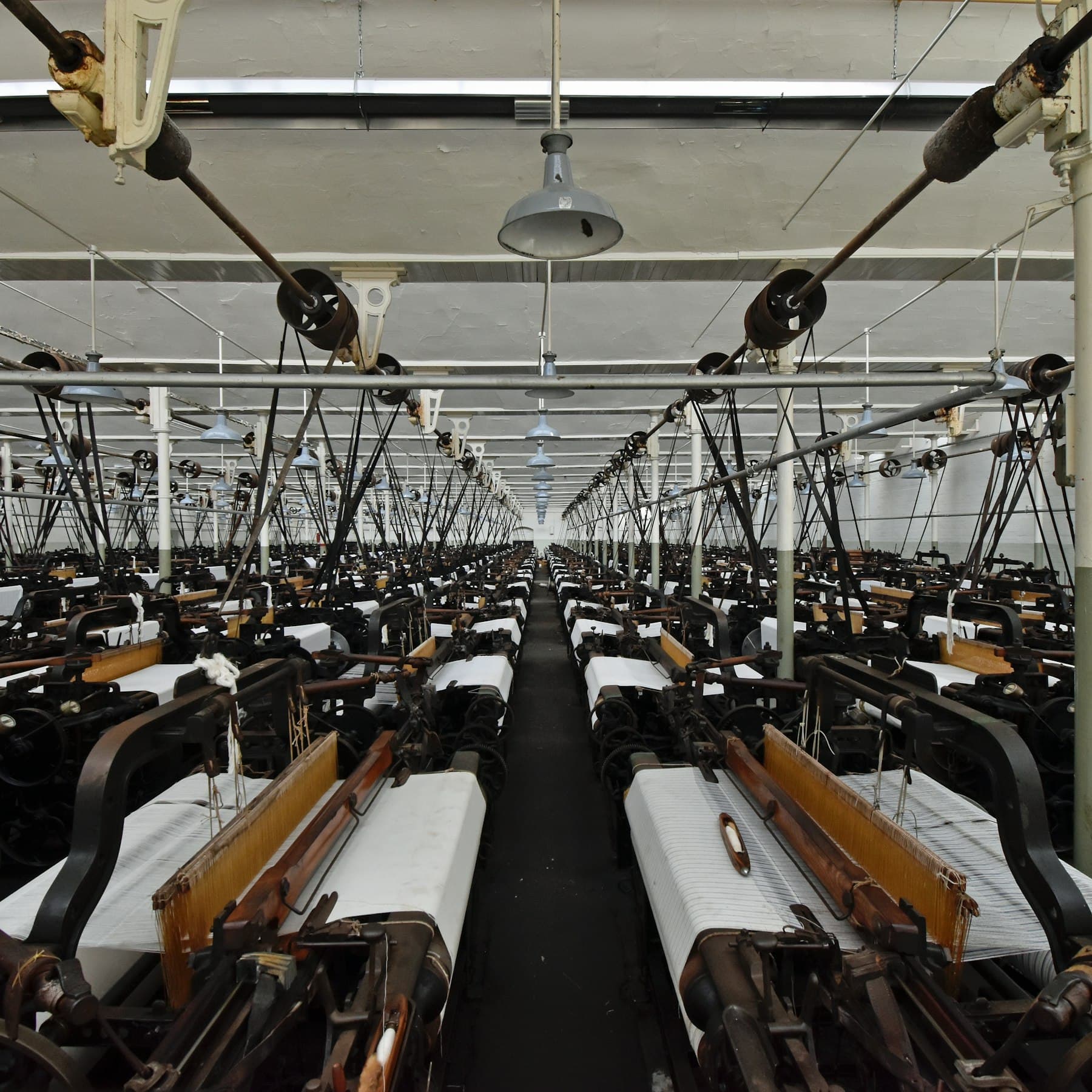Rows of power looms running the length of a weaving shed